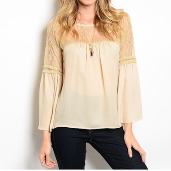 Tops - Elegant peasant Cream Lace Women's blouse bell sleeve.